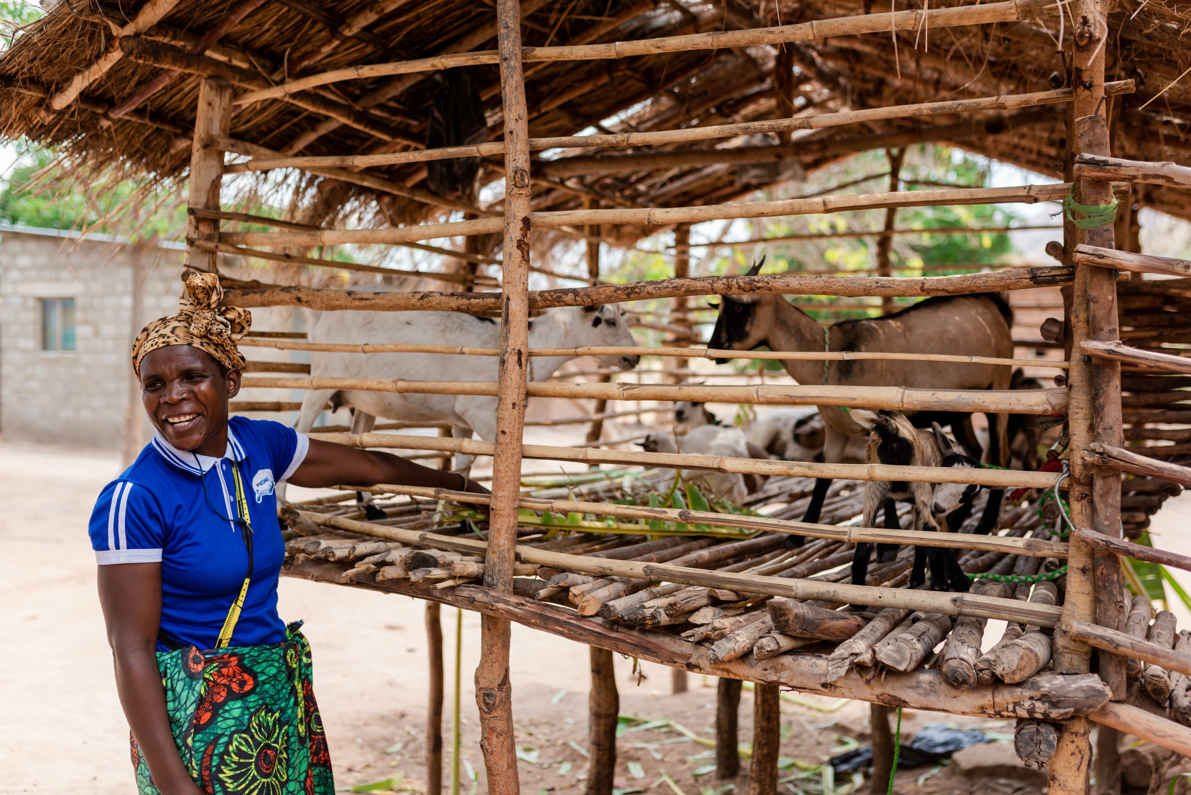 Lignet stands by her goats that she bought through the Rural Graduation Project. 